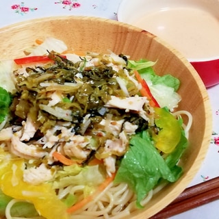 ７品目で栄養満点！明太高菜と蒸し鶏のパスタサラダ